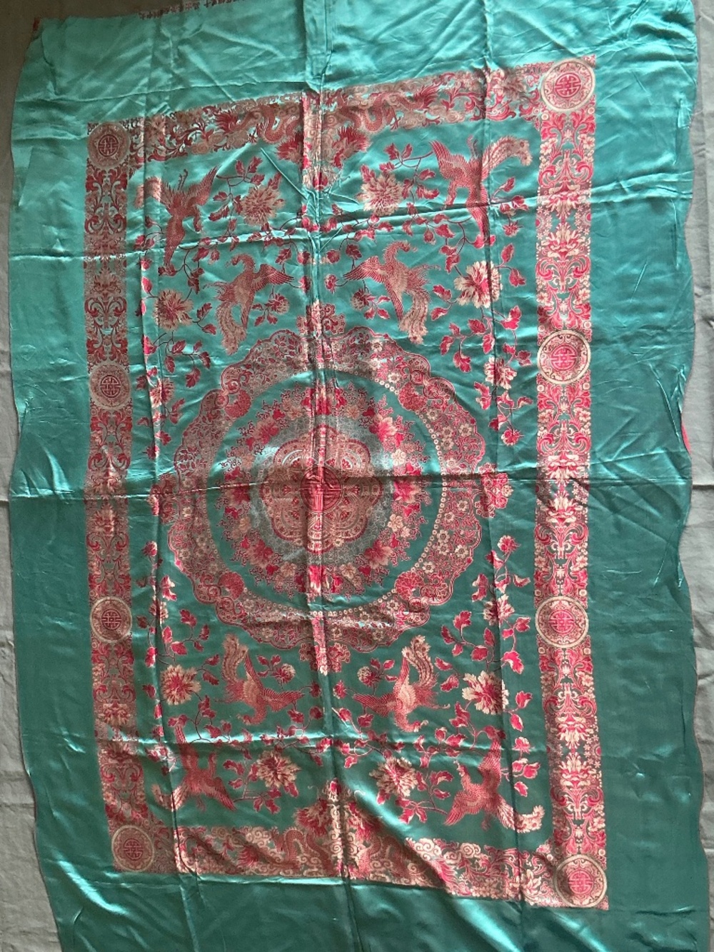 Vintage Asian silk brocade turquoise red fabric bedspread 77” long 52” wide